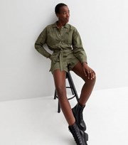 New Look Tall Khaki Denim Belted Utility Playsuit